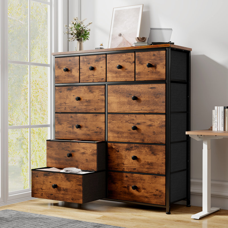 Pekka Dresser for Bedroom with 12 Spacious Storage Drawers, Dressers with Wooden Top and Metal Frame, Rustic Brown