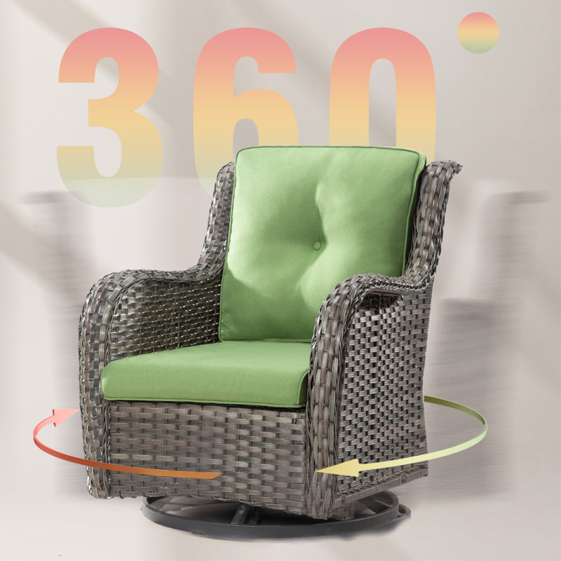 Green Quilted-Tufted Wicker Outdoor Swivel Dining Chair with Cushions