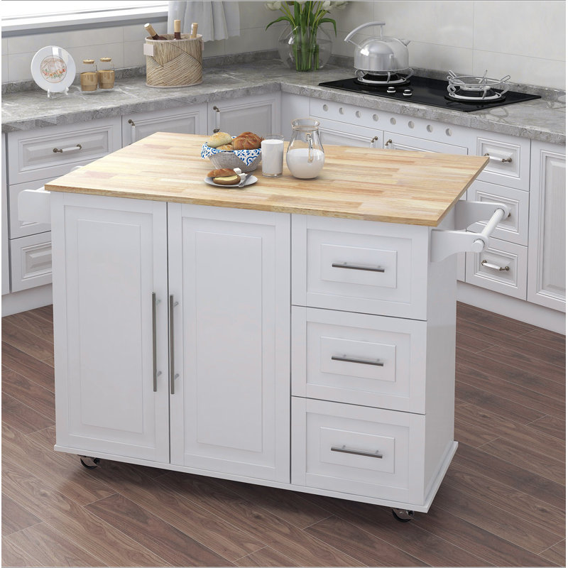 Îlot de cuisine avec support à épices, porte-serviettes et plateau de table en bois massif extensible, White