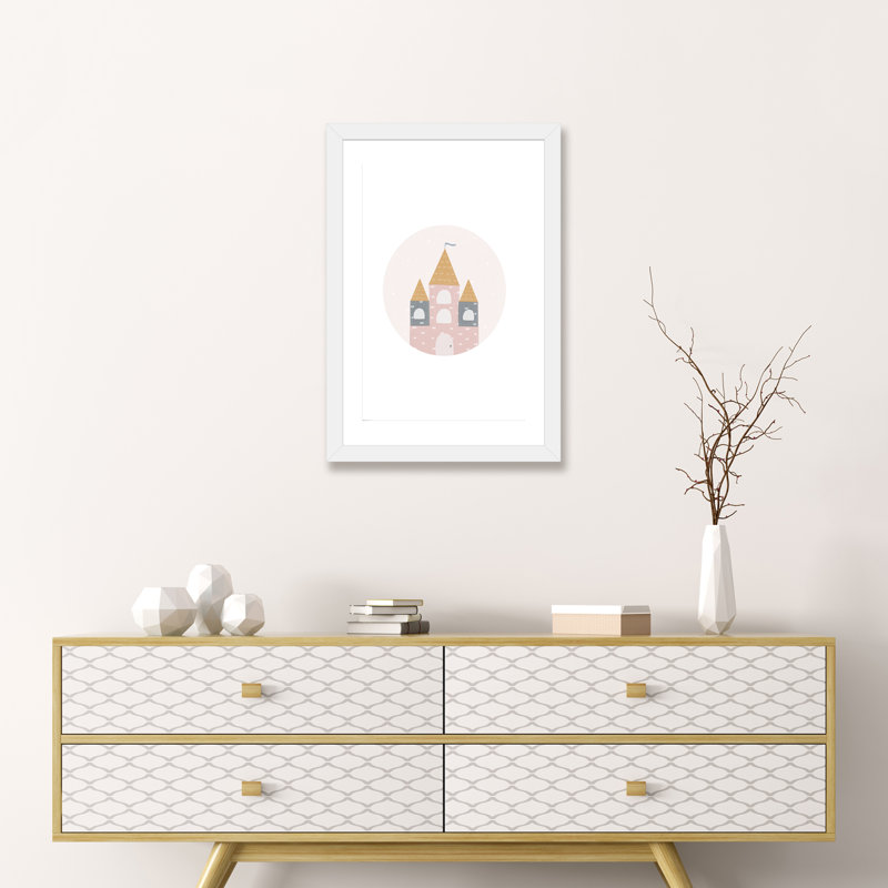 Décoration murale pour enfants, cercle, château, Papier encadré blanc, H 32 po x l 24 po x P 1 po