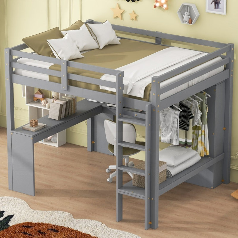 Lit mezzanine double avec bureau en L, garde-robe et amp; Tablettes de rangement - Gris (aucun sommier requis, solide et stable)
