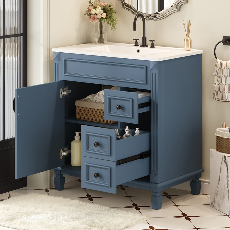 Ensemble de meuble-lavabo autoportant, tablette réglable, Bleu