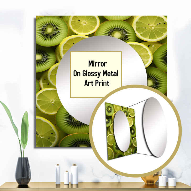 Danelea - Kiwifruit Kaleidoscope I, fruits, miroir carré, art mural pour salle de bain, 23 po x 23 po