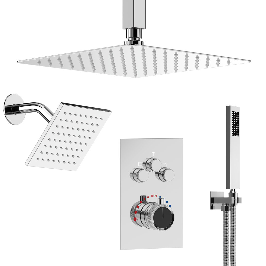 Ceiling Mount 12" High-Pressure Rainfall Shower Faucet, Dual Rainfall Shower Head System with Thermostatic Valve EVERSTEIN 