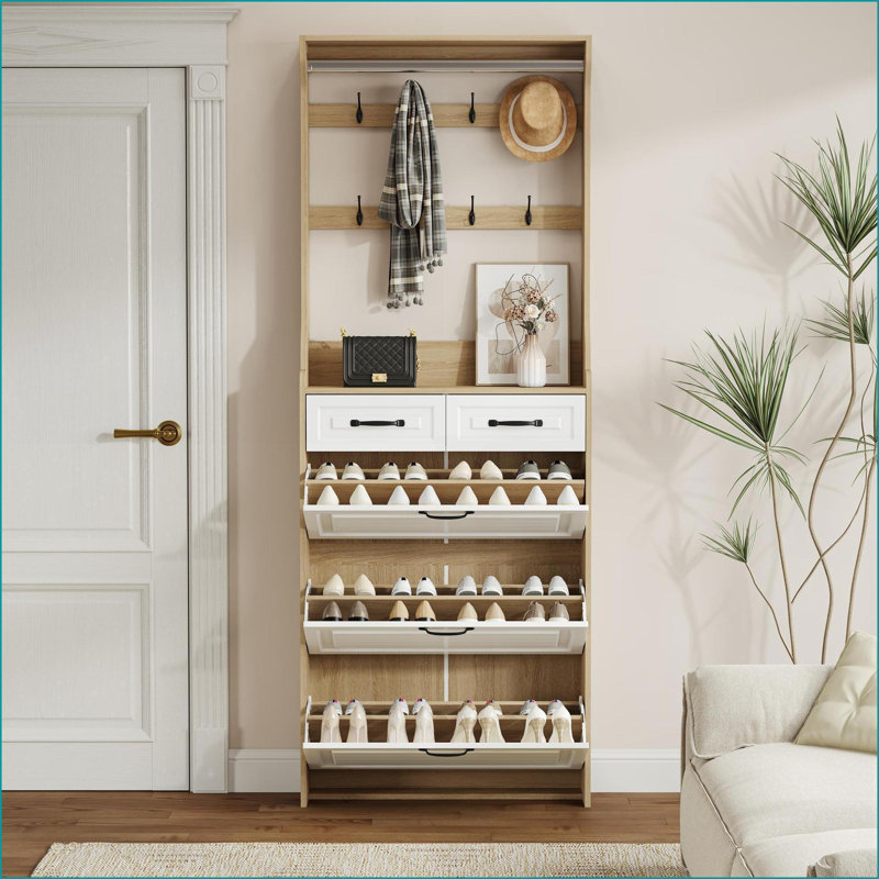 Range-chaussures avec 3 portes rabattables, 2 tiroirs et Cintres, rangement spacieux | Blanc cassé | Couloir
