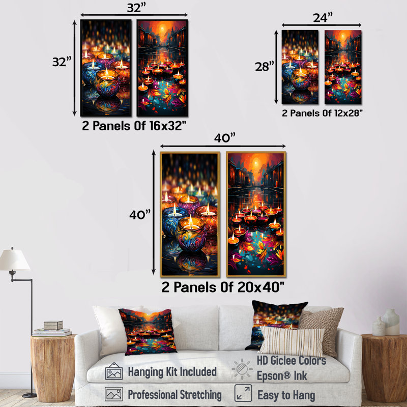 «Indian Art Diwali Lights II», ensemble de 2 reproductions d'art sur toile, Cadre flottant noir, H 32 po x l 33 po