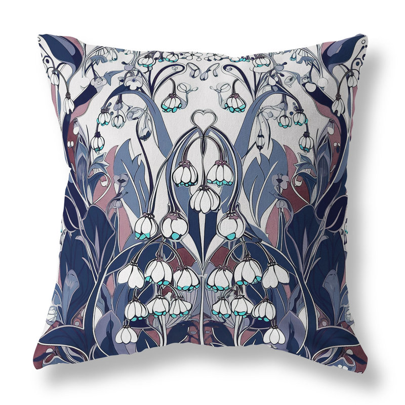 Coussin décoratif intérieur / extérieur Lily Of The Valley, H 16 po x l 16 po, Motif floral bleu / blanc