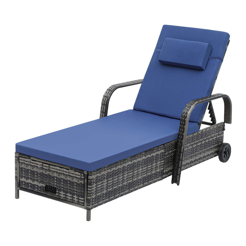 Chaise longue inclinable en osier avec rangement, Gris, Bleu