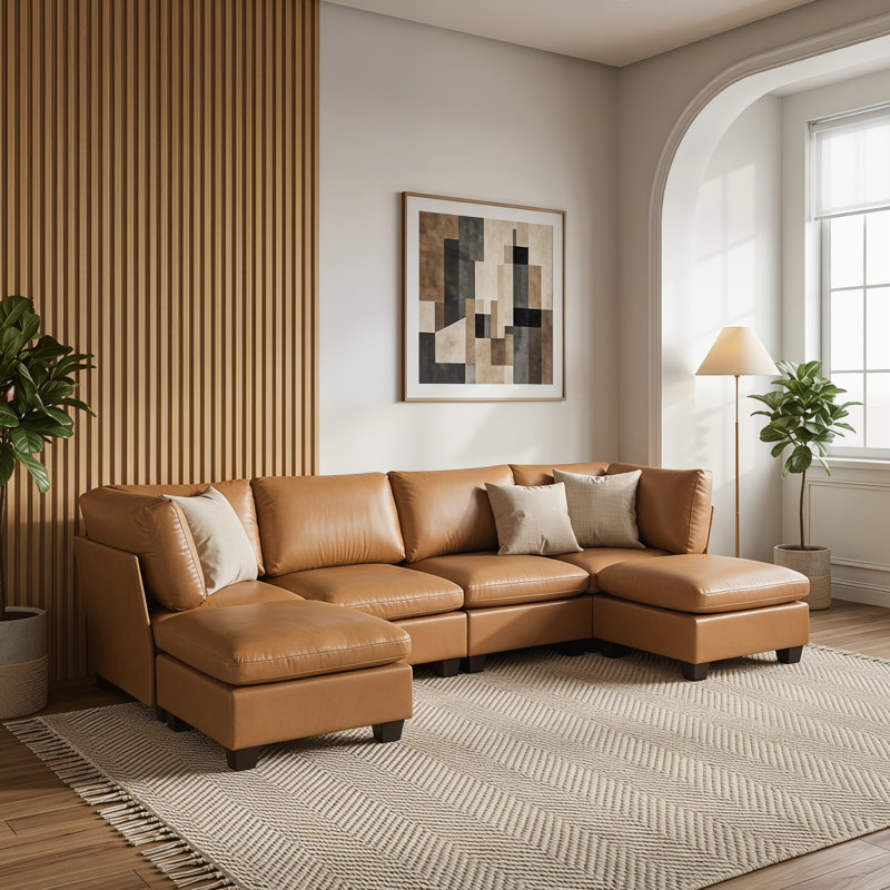 6-Pieces Faux Leather Sectional With two Ottoman
