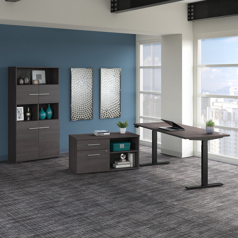 Bush Business Furniture Office 500 72W Height Adjustable Standing Desk with Storage and Bookcase, Storm Gram