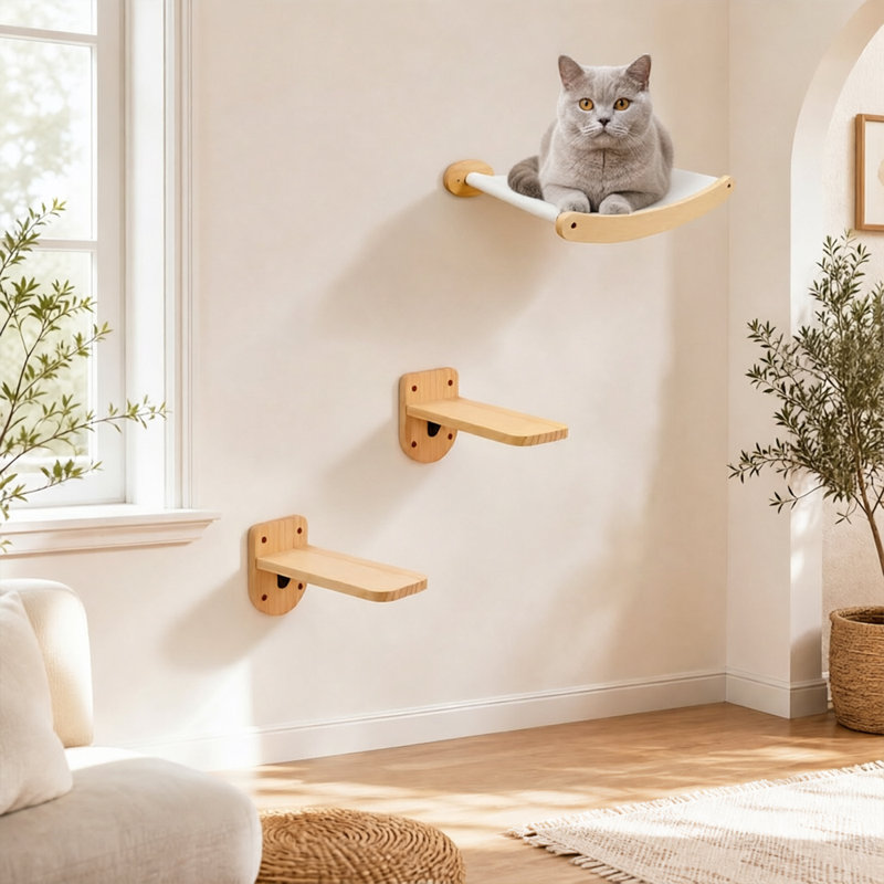 Perchoir mural en bois pour chat avec hamac pour chat et 2 tablettes