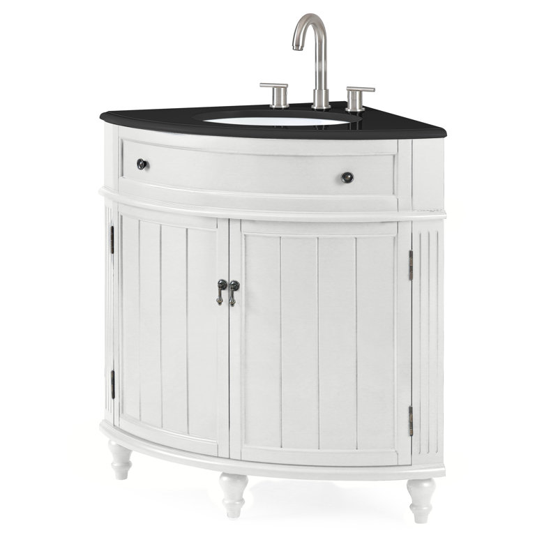 Benton Collection 24 Inch Cottage Freestanding White Triadsville Corner Bathroom Vanity, Single Sink, Black Granite Top, Fully Assembled