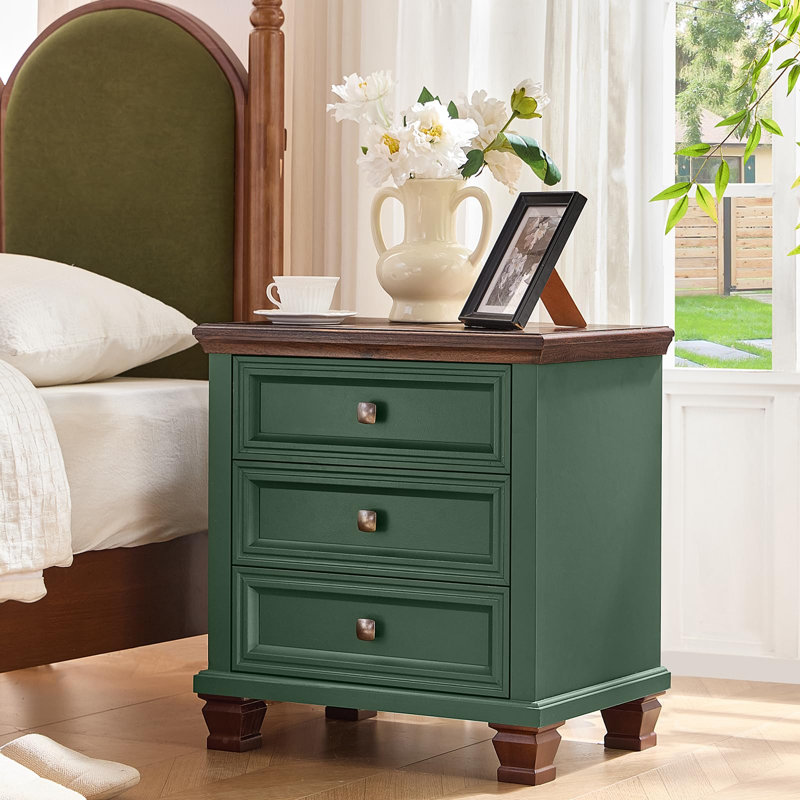 Farmhouse Nightstand Set of 2, Rustic Accent End Table With 3 Drawers & 4 Square Solid Wood Legs, Vintage Bed Side Table With Storage, Small Dresser For Bedroom, Living Room, Green