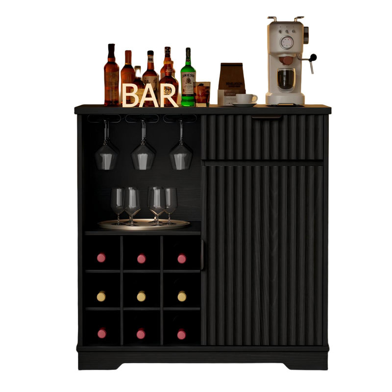 Armoire à café cannelée, armoire à vin moderne avec porte-verre et support à vin, armoires à vin avec rangement, buffet pour le salon, la cuisine, la salle à manger, noir