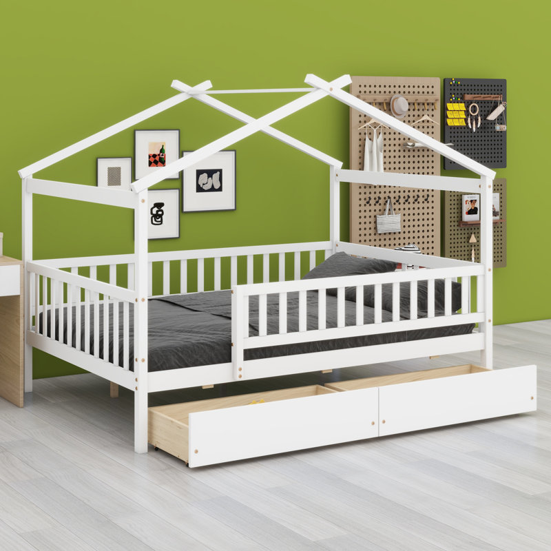 Lit en bois avec deux tiroirs, Blanc