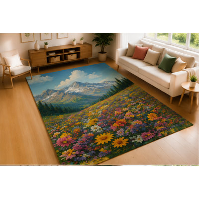 Tapis « Ultra Léger » 152 x 213 cm (5 pi x 7 pi) à motif floral de montagne, idéal pour le salon. Tapis d'intérieur doux à poils courts avec envers antidérapant en silicone. Motif naturel pour la chambre, le bureau ou la salle familiale. Bleu.