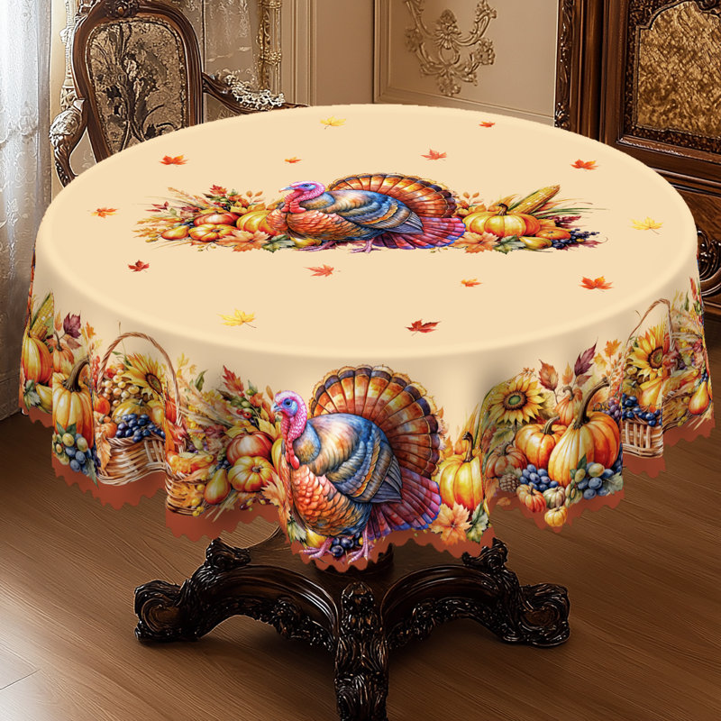1pc Autumn Decor Thanksgiving Polyester Tablecloth, Pumpkin, Turkey And Sunflower Design Pattern, Rectangular And Round Autumn Harvest Tablecloth, Thanksgiving Gift, Suitable For Fall Indoor/Outdoor Use, Camping And Picnic Decoration