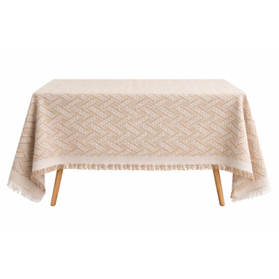 Farmhouse Khaki Textured Geometric Cotton Blend Woven Tablecloth With Fringe 72" X 72"