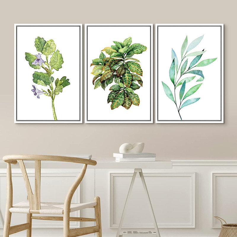 IDÉE4WALL, ensemble de reproduction d'art mural encadré, feuille de forêt verte, variété, plantes, illustrations, art moderne, groupe rustique, détente / calme, multicolore, ultra pour le salon, la chambre à coucher, le bureau