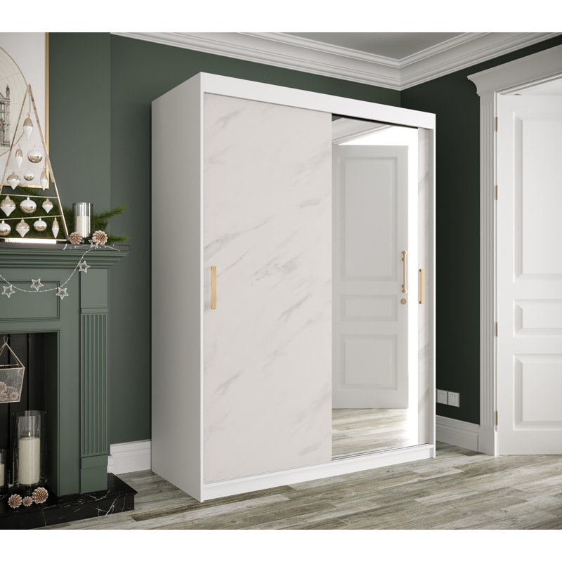 Blerata 2 Door Manufactured Wood Wardrobe, 200cm H x 150cm W x 62cm D, White Matt/White Matble