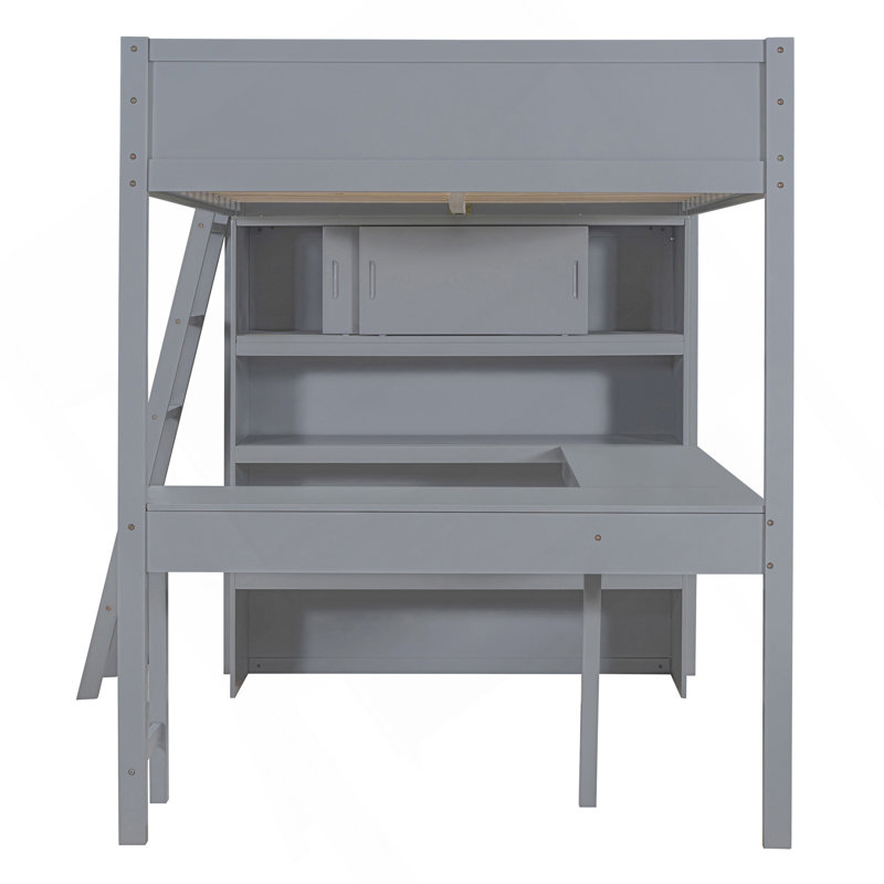 Lit mezzanine double avec bureau et tablette - Gris, Gris