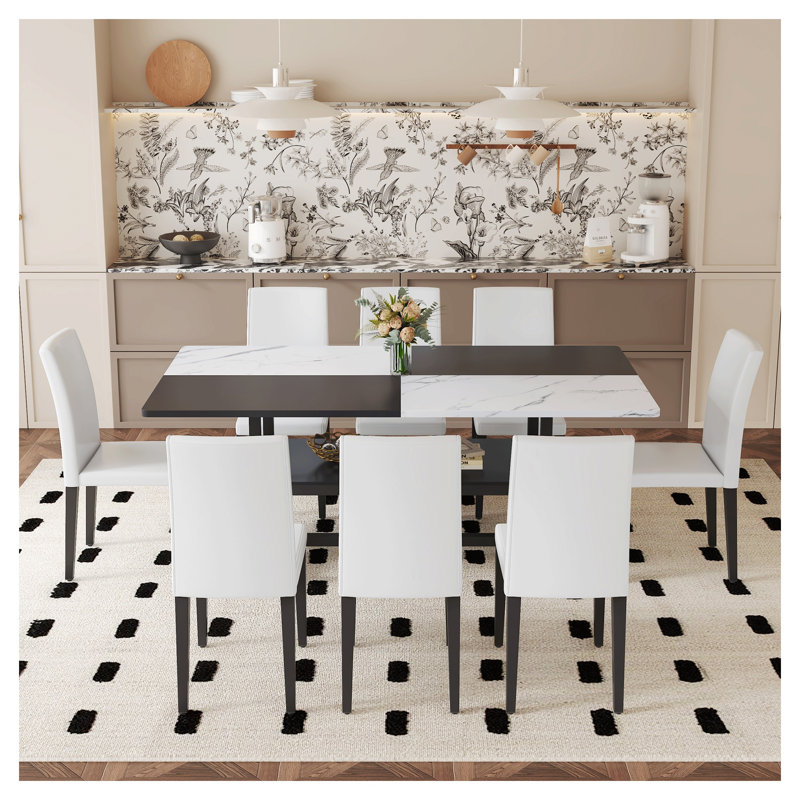 Ensemble de table de salle à manger moderne 7 pièces avec tablette de rangement, table de cuisine 6 places à hauteur de comptoir et chaises en lin, design épissé noir et blanc
