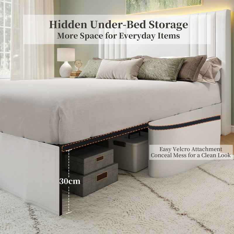 Upholstered Flip Top Storage Bed Frame, Double(4'6), White, PU