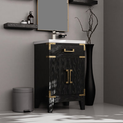 20 In. W X 18 D Black Oak Single Bath Vanity, Mirror, Acrylic Top, Soft Close And Storage Space Vanity With Oak, Countertop, - Area