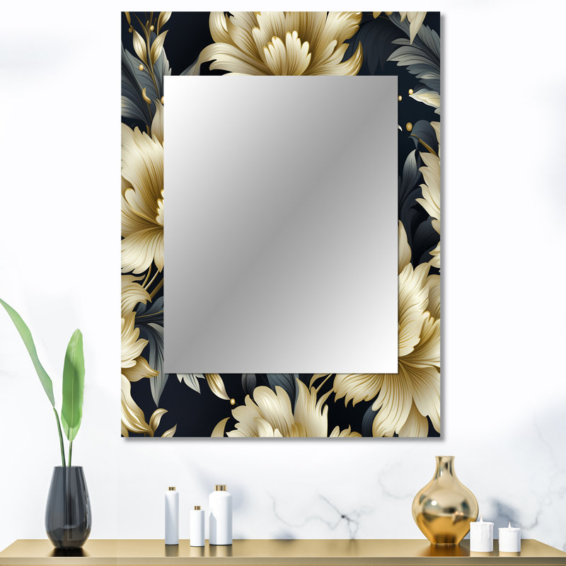 Surveen noir et beige damassé fleur opulence - miroir mural décoratif damassé, grand miroir damassé, impression sur métal