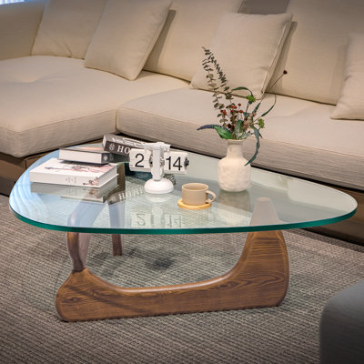 Triangle Glass Coffee Table with Wooden Base Clear Glass Top Mid-Century Abstract Glass Table