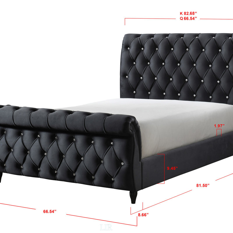 Luxueux lit à panneau très grand avec capitonnage à boutons profonds et motif en losanges, tête et pied de lit incurvés en noir