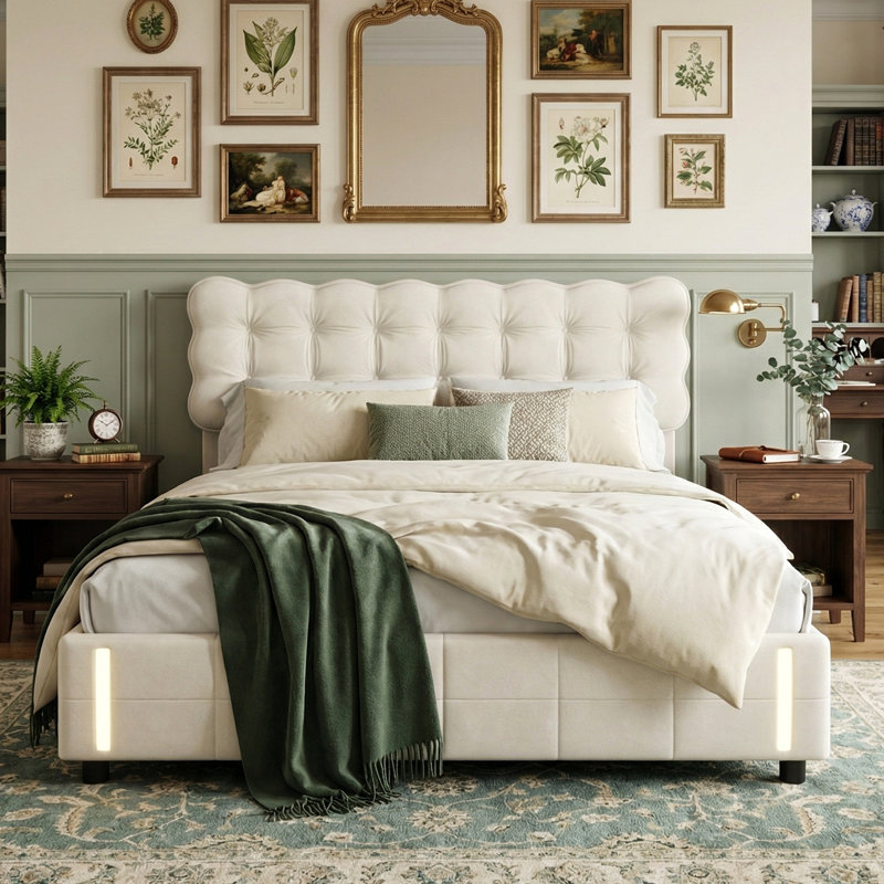 EU Double & King Size Velvet Ottoman Bed With Motion Sensor LED Lights, Upholstered Cloud Tufted Frame, Beige 