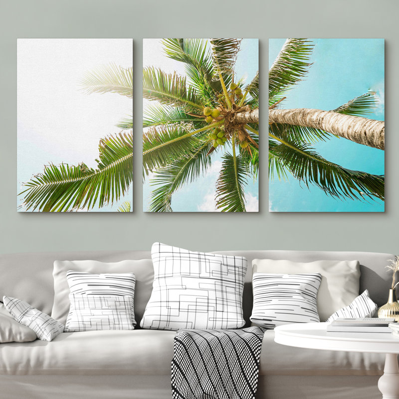 Beach Palm Trees Paradise - 3 Piece Wrapped Canvas Print, 24" H x 48" W x 1.5" D