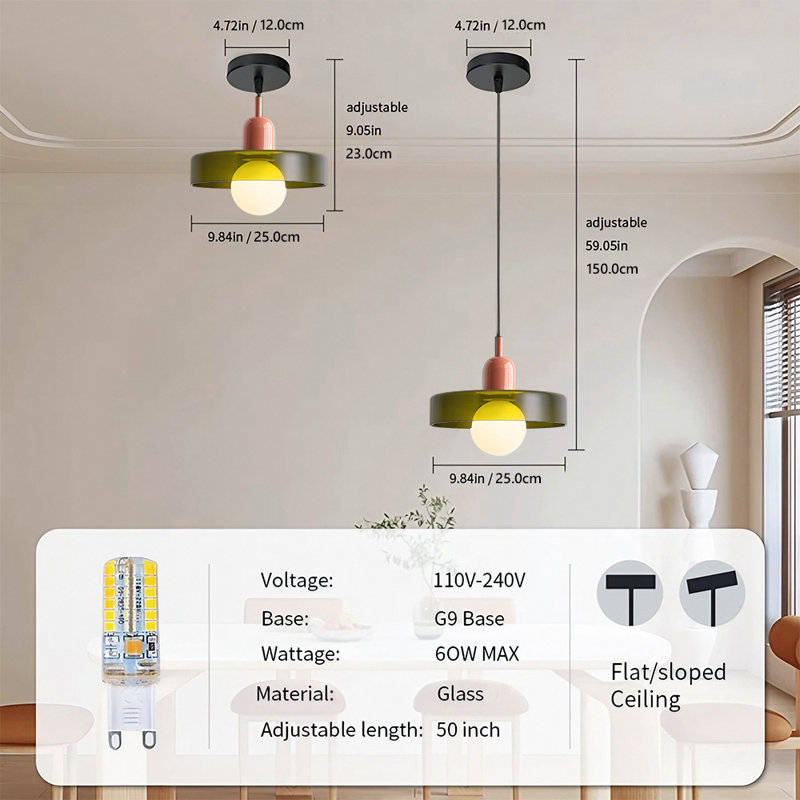 Luminaire suspendu 0 lumière, Vert, Rose, H 7,8 po x l 9,84 po x P 9,84 po