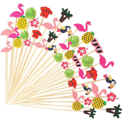 100Pcs Hawaiian Tropical Cocktail Picks Flamingo Pineapple Beach Toucan Palm Leaf Design