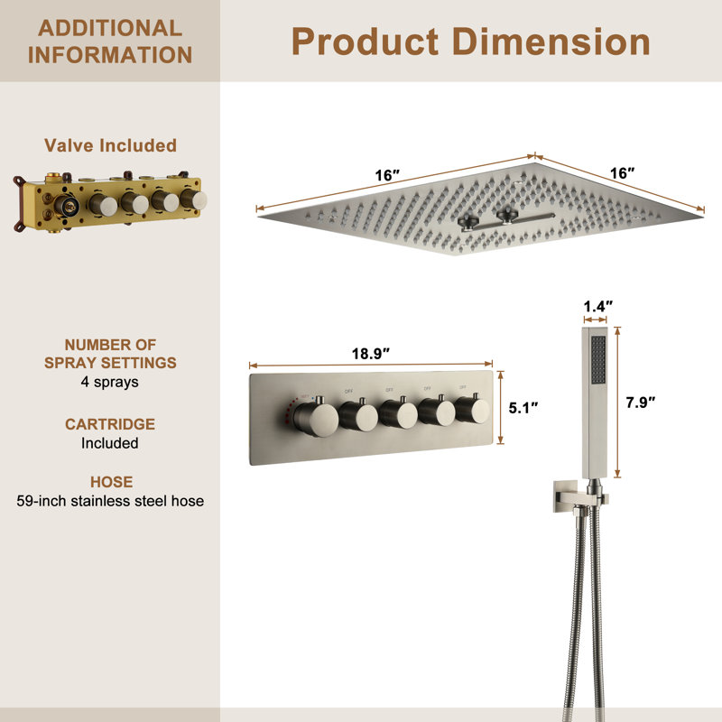 Camino 4-Function Luxury 16 Inch Thermostatic Rain Shower Set with Remote Control 64 Color Lights, Brushed Nickel