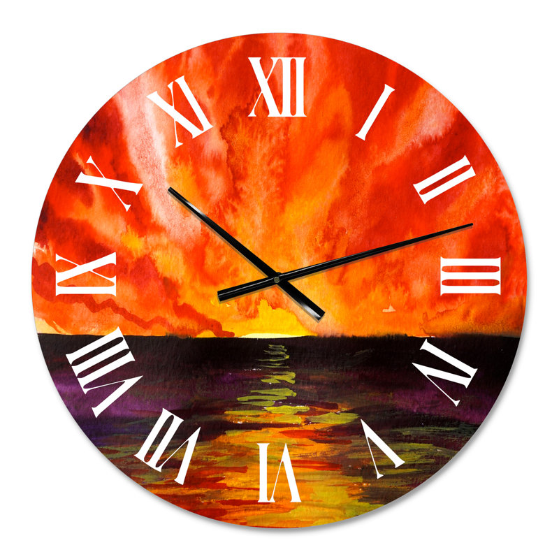 Lumineux coucher de soleil rouge sur l'océan - horloge murale moderne, Petit