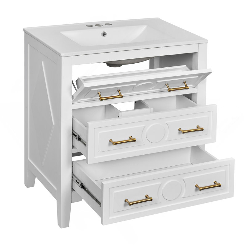 Ensemble de meuble-lavabo simple 30 po avec 3 tiroirs, meuble-lavabo autoportant avec cadre en bois, 30 po, blanc, Blanc
