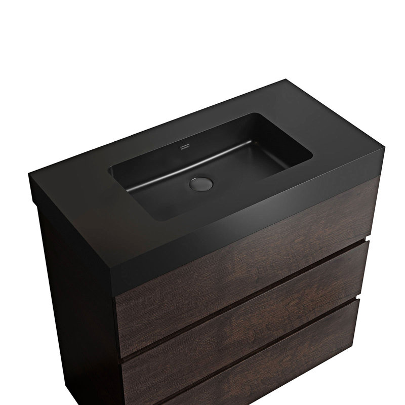 Ensemble de meuble-lavabo autoportant simple 35,8 po avec plateau en pierre Emmalena, Noyer, Noir