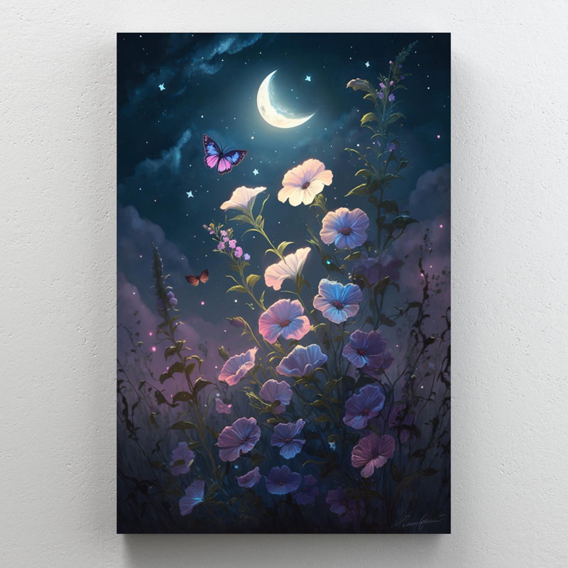 Pétunias et papillons sous les étoiles, impression sur toile tendue, H 36 po x l 24 po x P 1,25 po