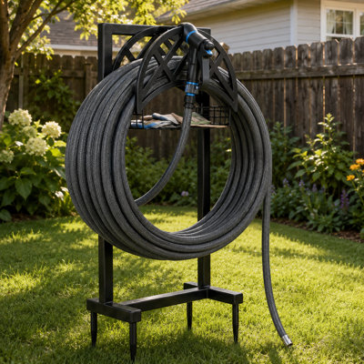 Support de tuyau d'arrosage autoportant avec base à 4 pointes, métal résistant à la rouille et résistant, pouvant supporter jusqu'à 160 pi pour la cour, la pelouse et le jardin