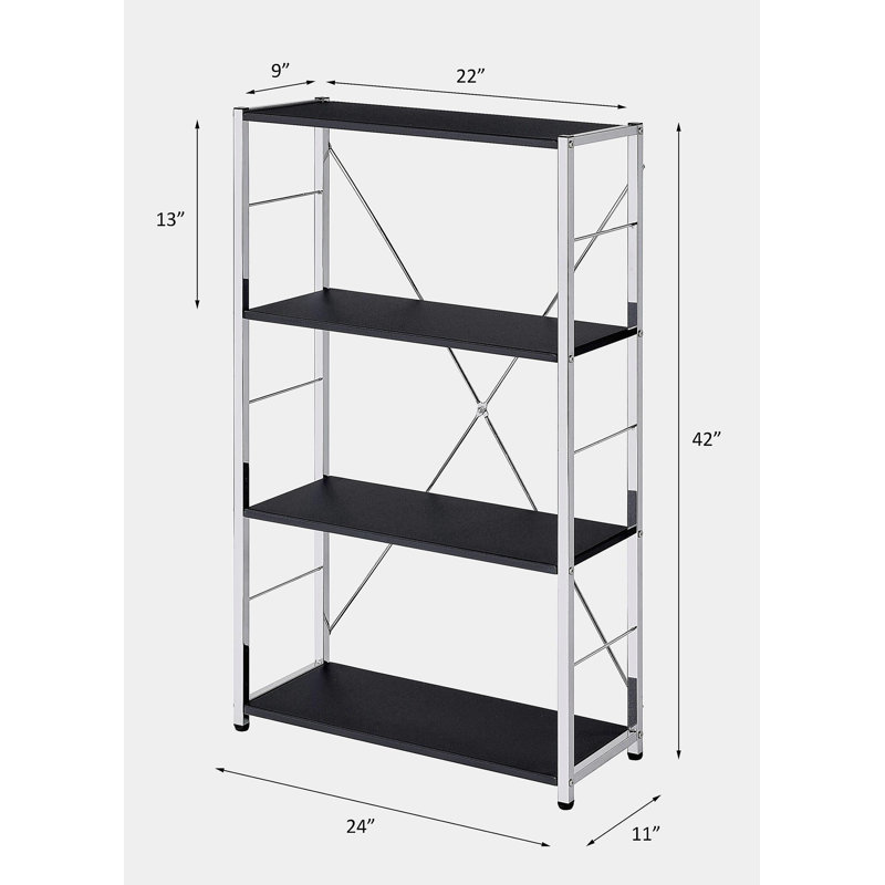 Black & Chrome Finish Bookshelf, (4 Shelves) 42"H x 24"W x 11"D
