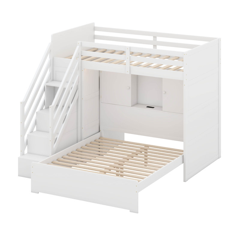 Twin Over Full Bunk Bed With LED Lights, Solid Wood Bunk Bed With Shelves,Stairs And Wardrobe, White