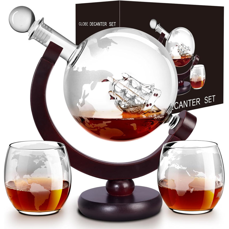 Whiskey Decanter Sets For Men, Whiskey Decanter Globe Set With 2 Etched Globe Whisky Glasses For Liquor, Bourbon, Cocktails, Vodka, Scotch Liquor Decanter Sets - 850Ml