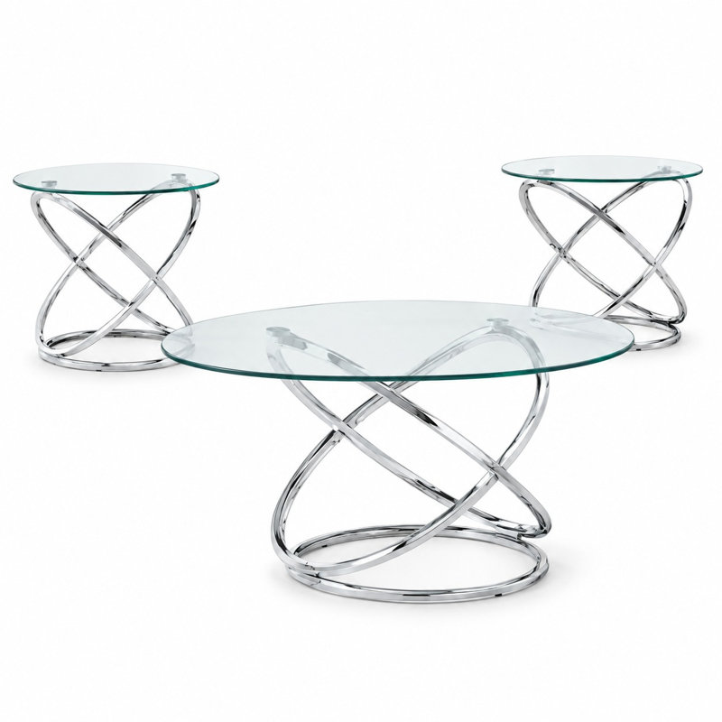 Ensemble de tables basses contemporaines en acier inoxydable avec deux tables de bout de couleur chrome, de conception moderne et de fabrication robuste pour les espaces de vie principaux