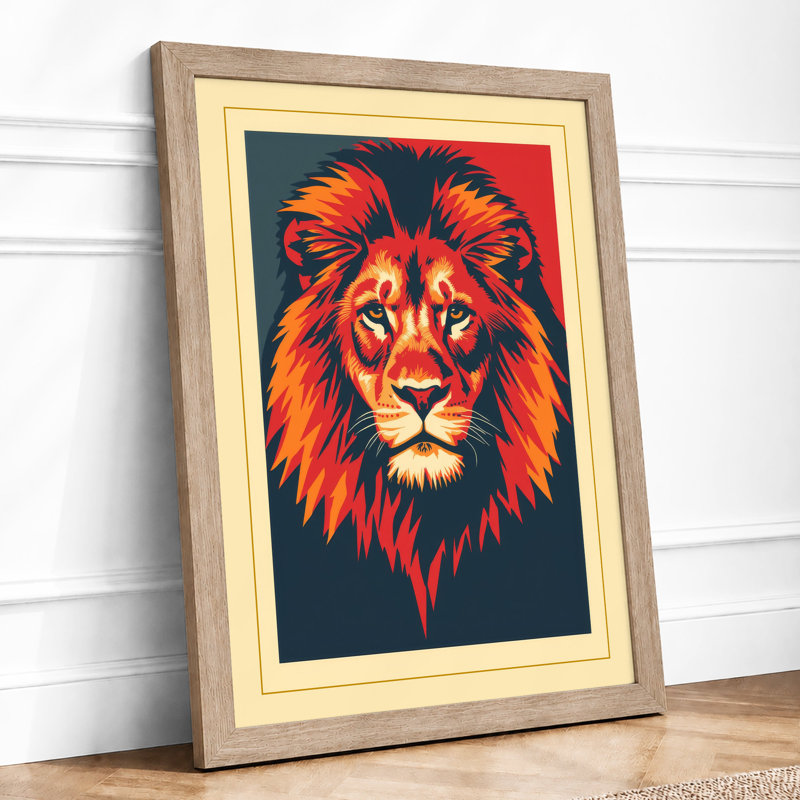 Regal Lion Retro - Framed Print, A4 - 29.7 x 21.0 cm, Oak