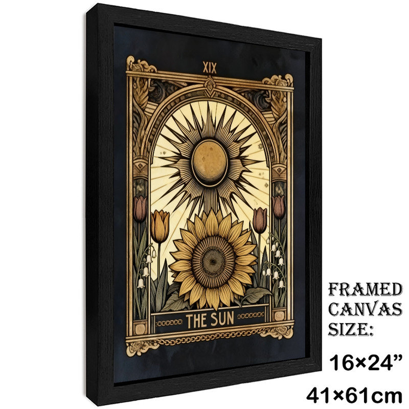Art mural rétro noir encadré Tarot The Sun - Mystical Boho Spiritual Decor, H 25 po x l 17 po
