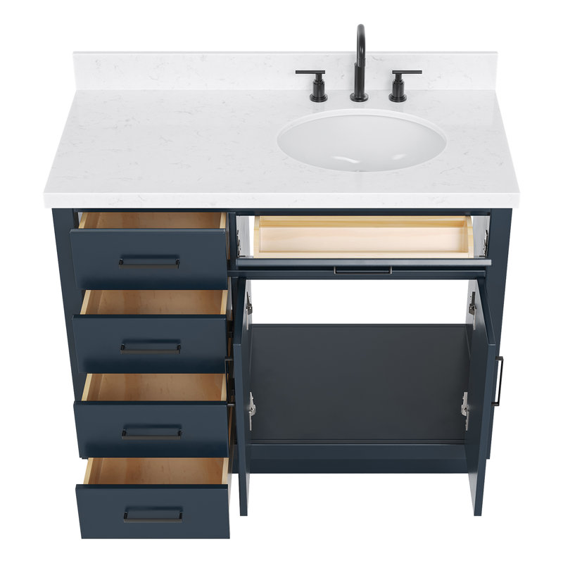 Meuble-lavabo simple en bois massif 42 po Tidworth avec plateau en quartz Carrara de 1,5 po, Bleu minuit, Ovale, Oui