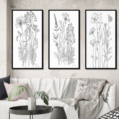 " Minimal Wildflowers Drawing Black On White III " 3 - Pieces