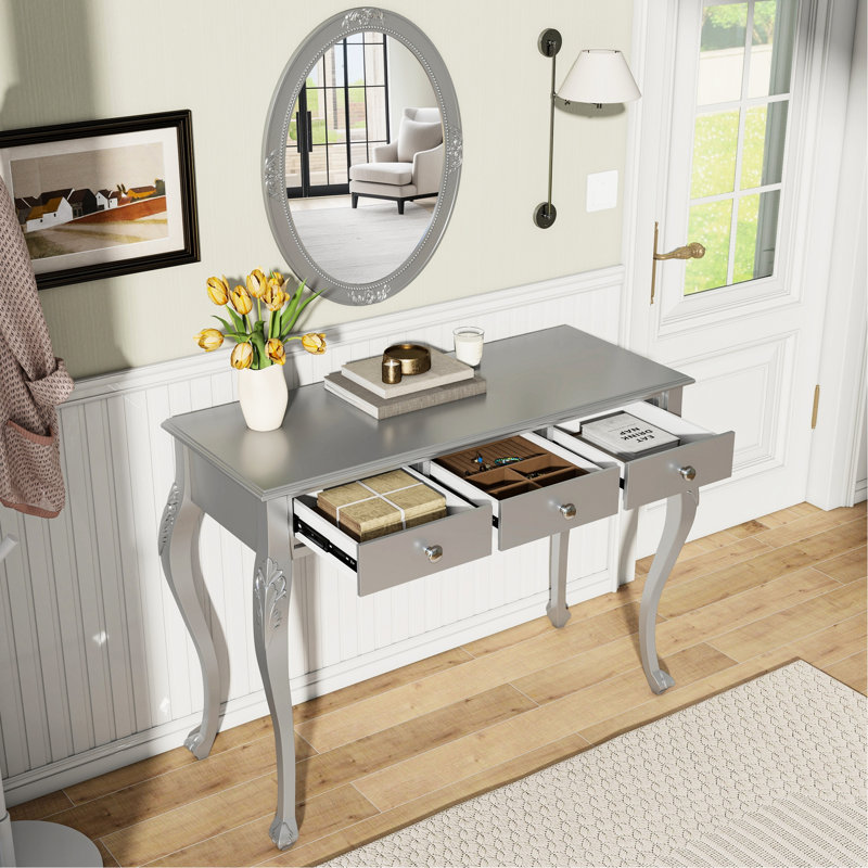 Silver Oval Mirror Makeup Desk With 3 Storage Drawers, Velvet Jewelry Tray, Exquisite Finish, Solid Wood Legs, High - Quality Metal Rails, Ideal For Bedroom, Living Room Elegant Luxury Vanity